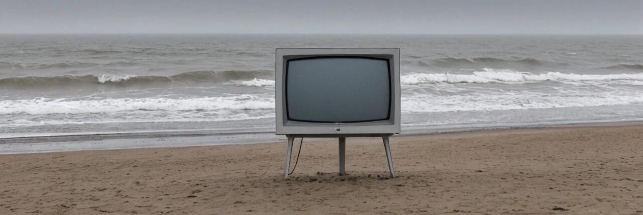 Ein alter Röhrenfernseher am Strand, vor herbstlich stürmischer See. 